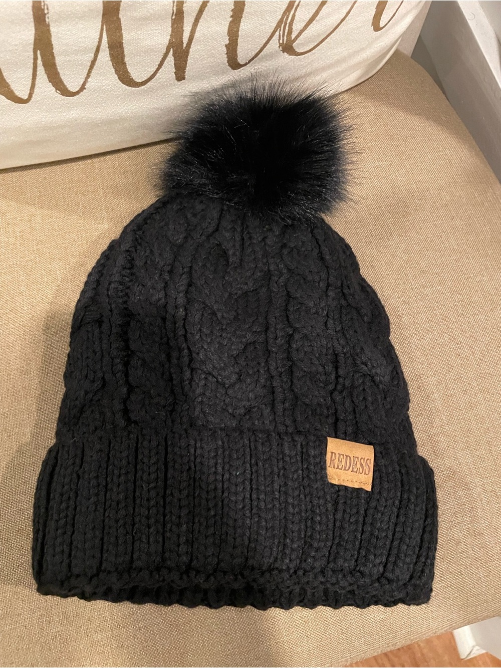 Black Cable Knit Pom Beanie